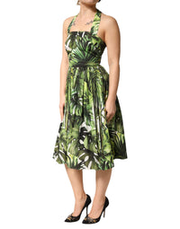 Dolce & Gabbana Green Leaves Print Cotton Halter Midi Women's Dress