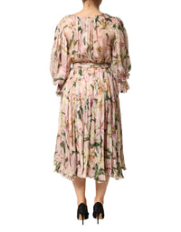Dolce & Gabbana Pink Lily Print A-line Pleated Maxi Women's Dress