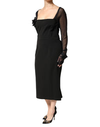 Dolce & Gabbana Black Sheer Yoke Rosette Sheath Midi Women's Dress