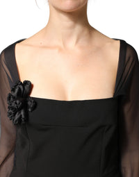 Dolce & Gabbana Black Sheer Yoke Rosette Sheath Midi Women's Dress