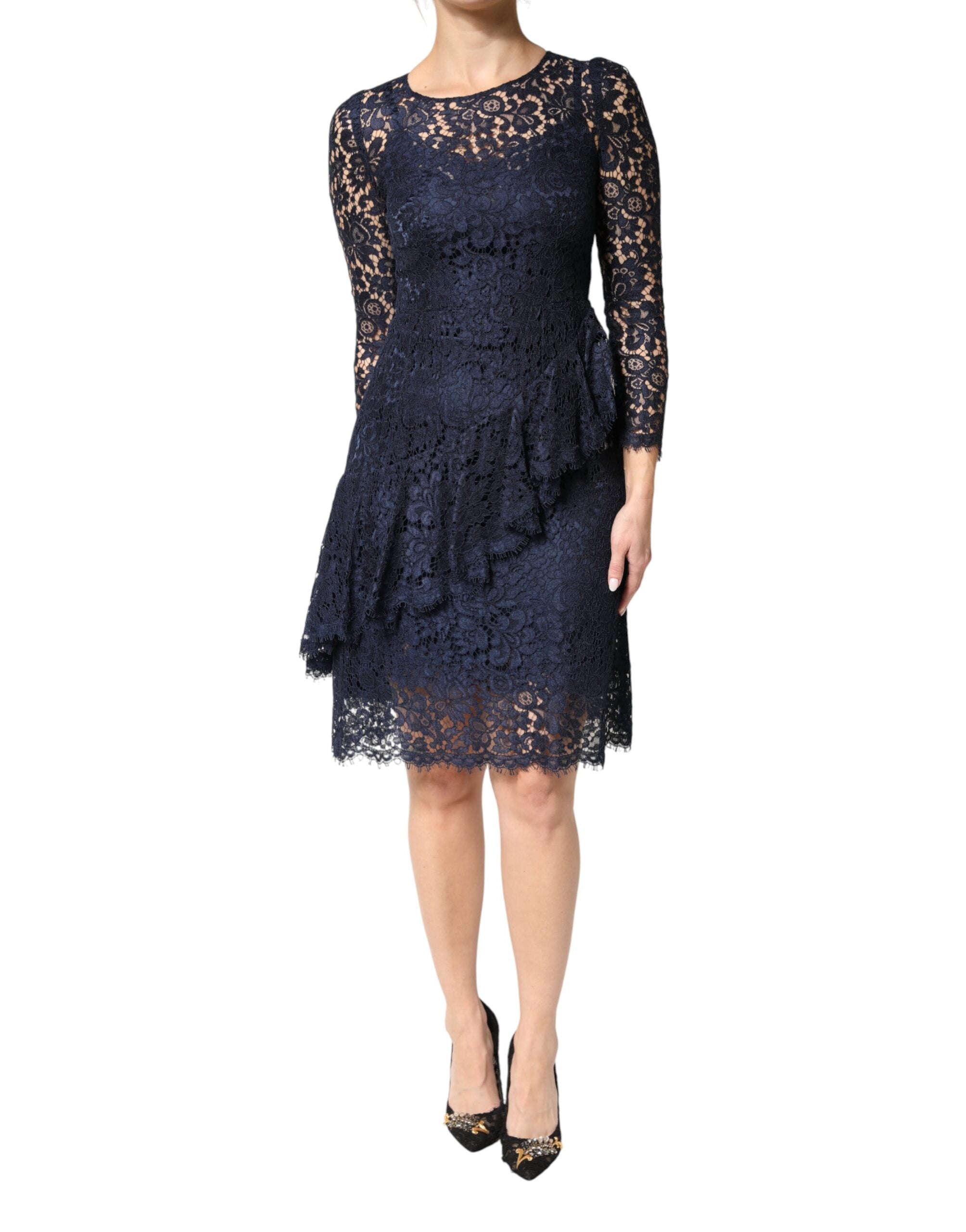 Dolce & Gabbana Blue Lace Ruffle A-line Knee Length Women's Dress