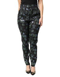 Dolce & Gabbana BlueGreen Floral Metallic Slim Trouser Women's Pants