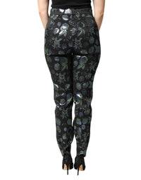 Dolce & Gabbana BlueGreen Floral Metallic Slim Trouser Women's Pants