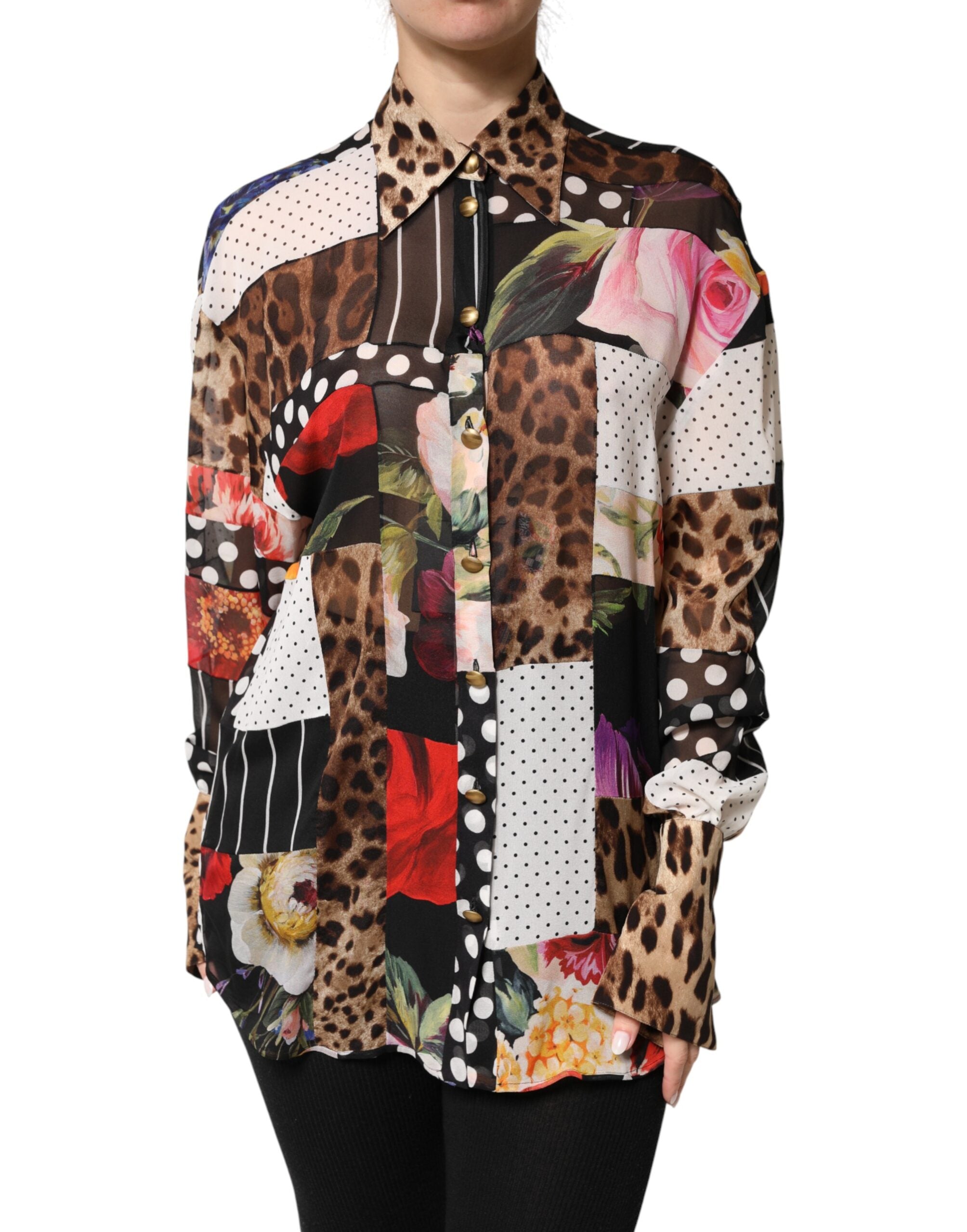 Dolce & Gabbana Multicolor Patchwork Silk CollaredBlouse Women's Top