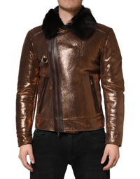 Dolce & Gabbana Bronze Leather Fur Full Zip Men Biker Men's Jacket