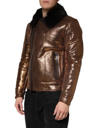 Dolce & Gabbana Bronze Leather Fur Full Zip Men Biker Men's Jacket