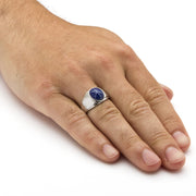 Men's Silver Tone Oval Shaped Simulated Blue Star Sapphire Ring