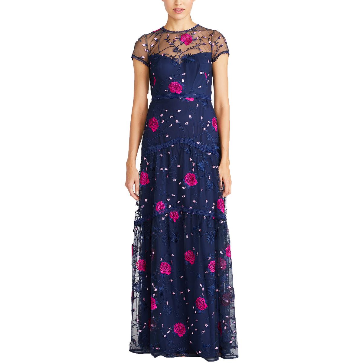 Womens Embroidered Tulle Evening Dress