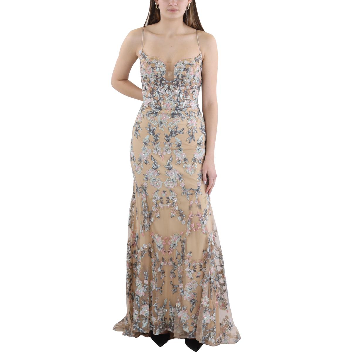 Womens Embroidered Mesh Evening Dress