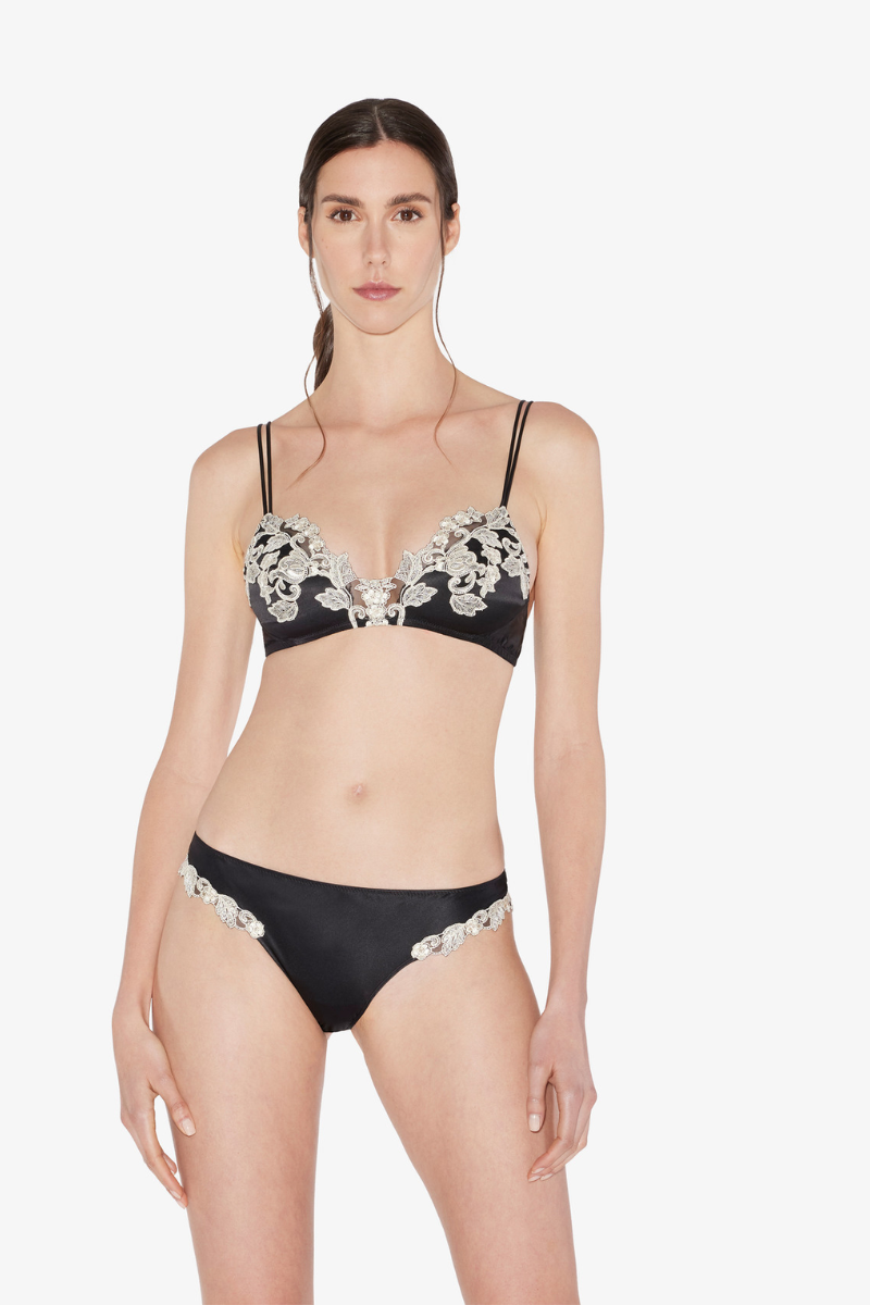 La Perla Black Silk Brazilian Briefs With Ivory Frastaglio Plm0051220
