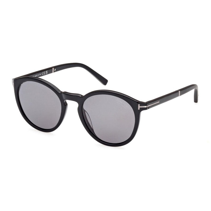 Tom Ford Sunglasses Round Full Rim, Shiny Black Frame and Smoke Polarized Lens FT1021-N01D