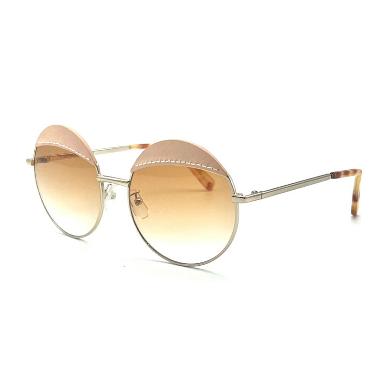 Loewe Sunglasses Round Full Rim, Gold Brown Leather Frame and Brown Lens LW40007U33N