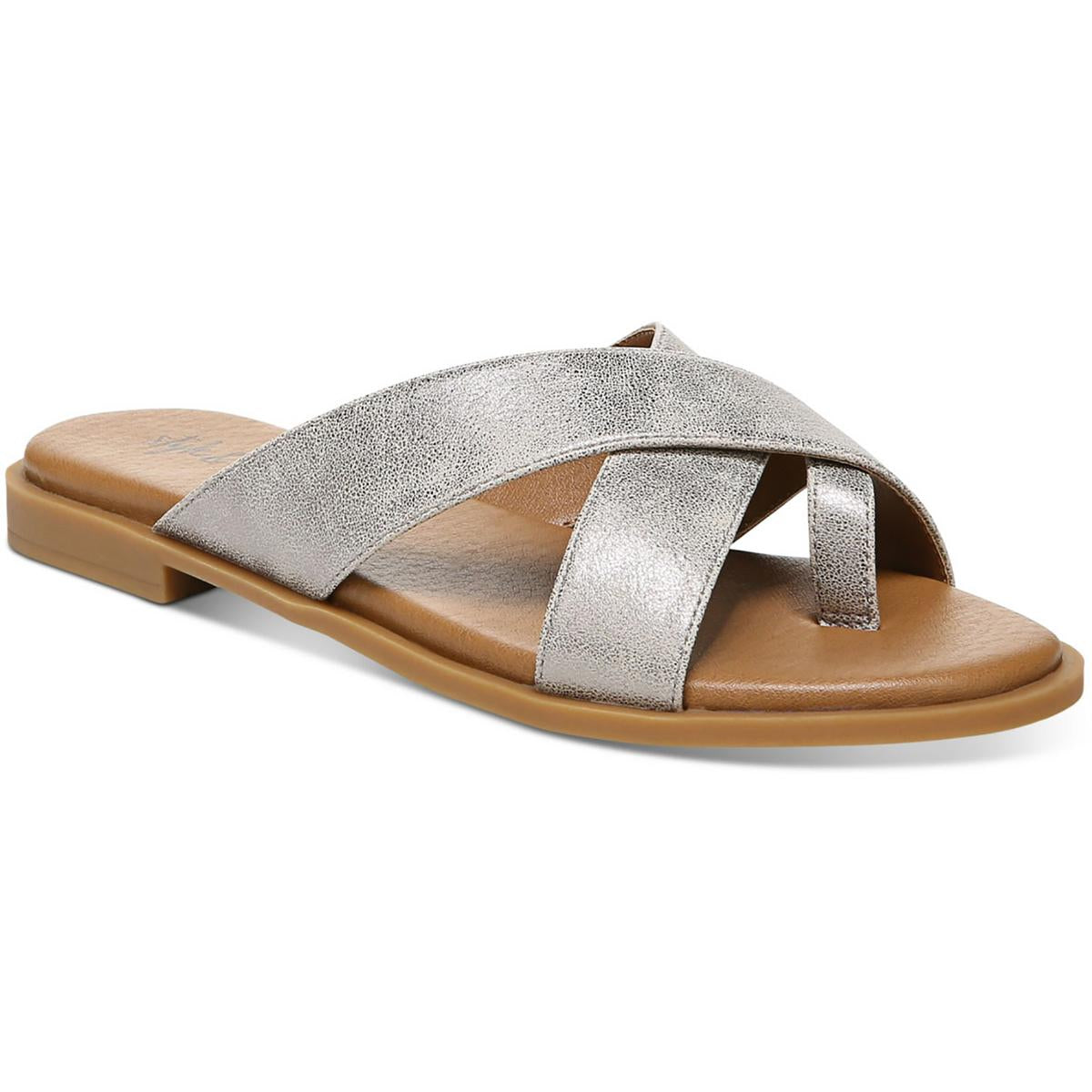 Carolyn Womens Slip On Flat Slide Sandals 7.5 Medium Pewter Smooth