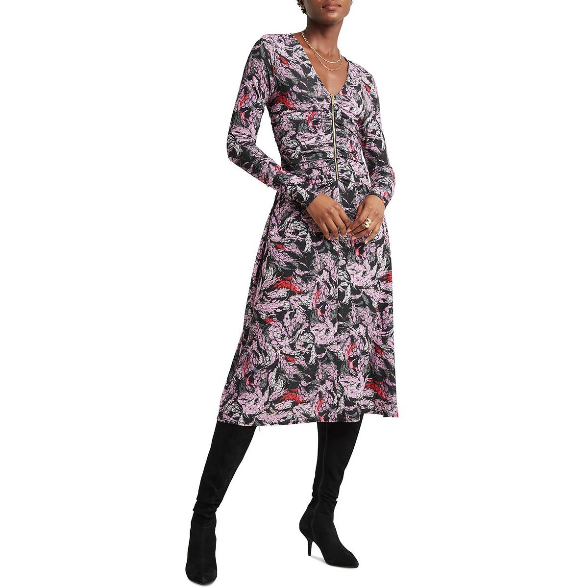 Womens Ruched Zip-Front Midi Dress