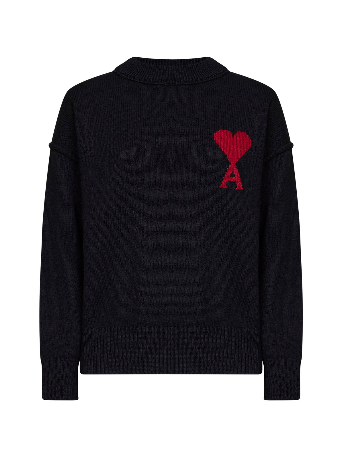 Ami Paris Women Black Felted Merino Wool Ami De Cœur Crewneck Sweater