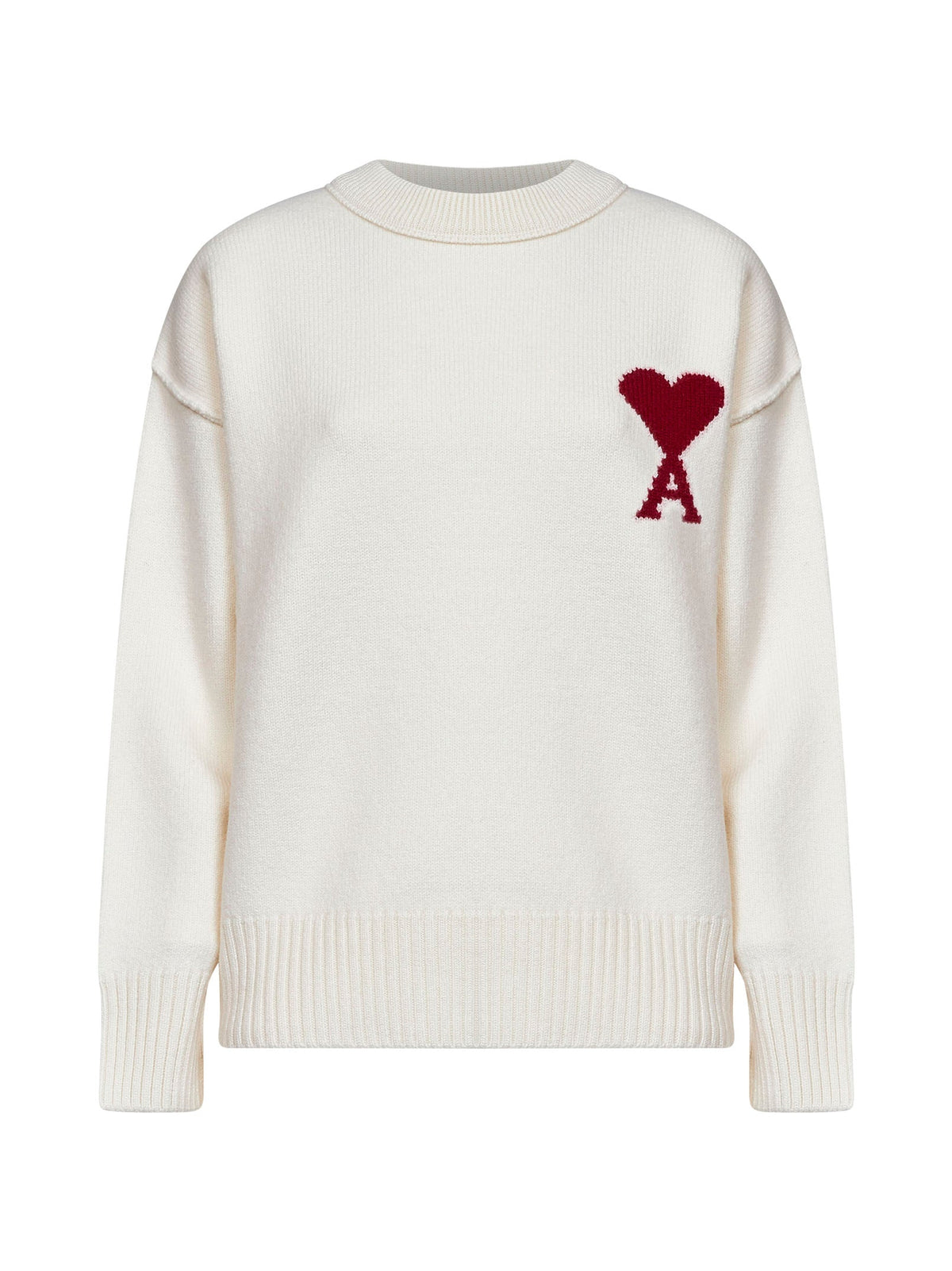 Ami Paris Women Ecru Felted Merino Wool Ami De Cœur Crewneck Sweater