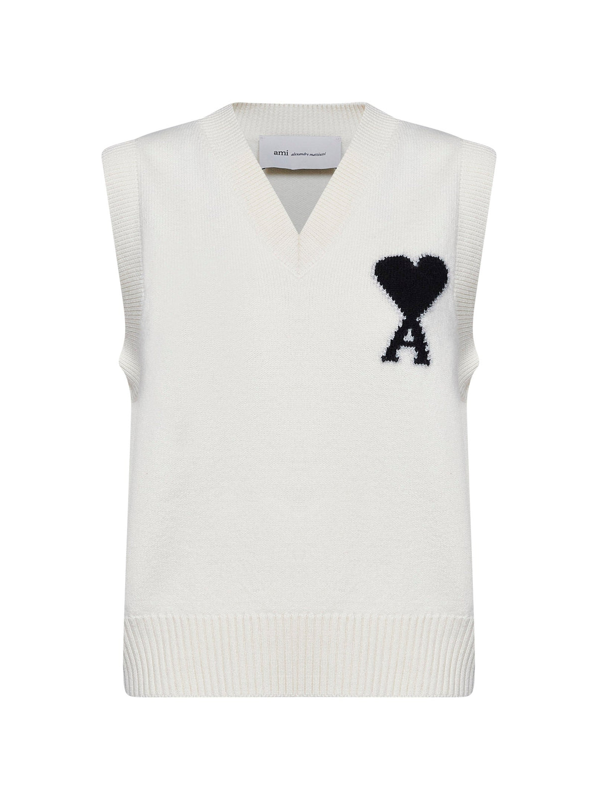 Ami Paris Women Ecru Felted Merino Wool Knit Ami De Cœur Vest