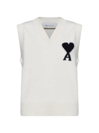 Ami Paris Women Ecru Felted Merino Wool Knit Ami De Cœur Vest
