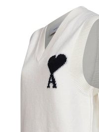 Ami Paris Women Ecru Felted Merino Wool Knit Ami De Cœur Vest