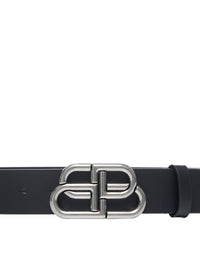 Balenciaga Men Wide Bb Belt In Black Calfskin Leather With Antique Silver Finishes