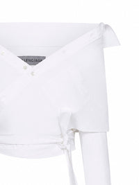 Balenciaga Women White Cotton Poplin Off-Shoulder Wrap Shirt