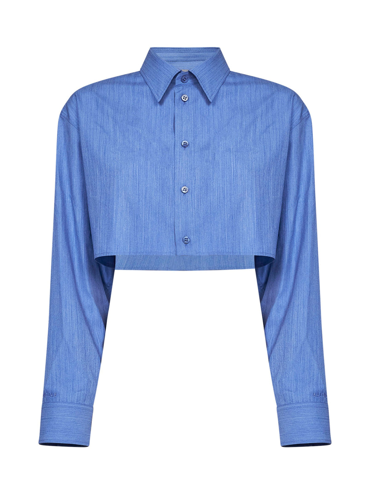 Balenciaga Women Blue Fluid Heather Wool-Silk Blend Cropped Shirt