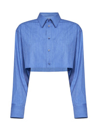 Balenciaga Women Blue Fluid Heather Wool-Silk Blend Cropped Shirt