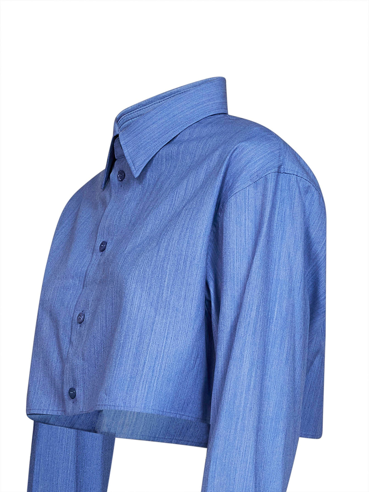 Balenciaga Women Blue Fluid Heather Wool-Silk Blend Cropped Shirt
