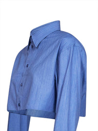 Balenciaga Women Blue Fluid Heather Wool-Silk Blend Cropped Shirt