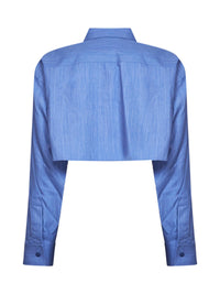 Balenciaga Women Blue Fluid Heather Wool-Silk Blend Cropped Shirt