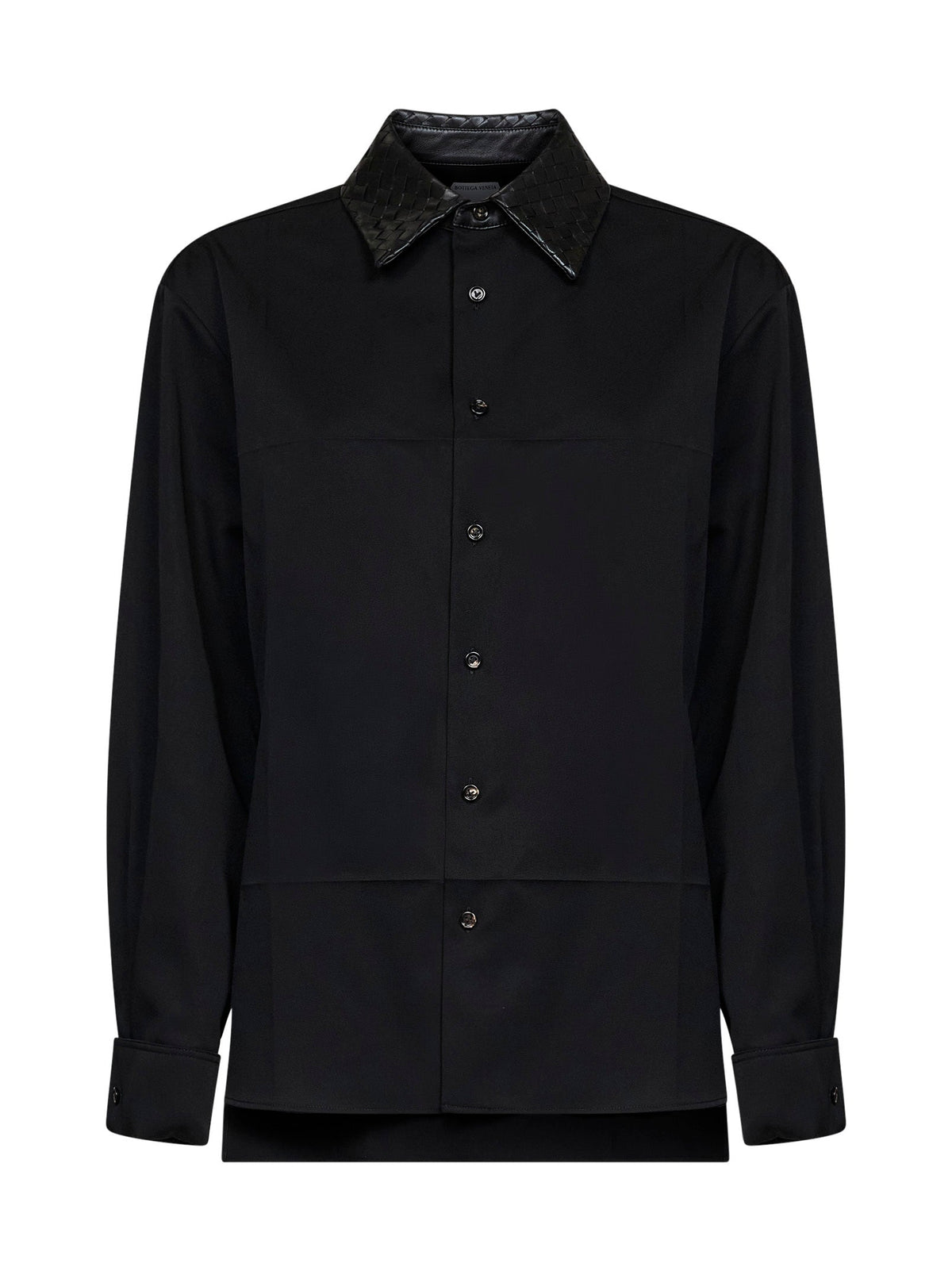 Bottega Veneta Women Black Wool Shirt With Intrecciato Leather Collar