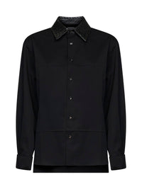 Bottega Veneta Women Black Wool Shirt With Intrecciato Leather Collar