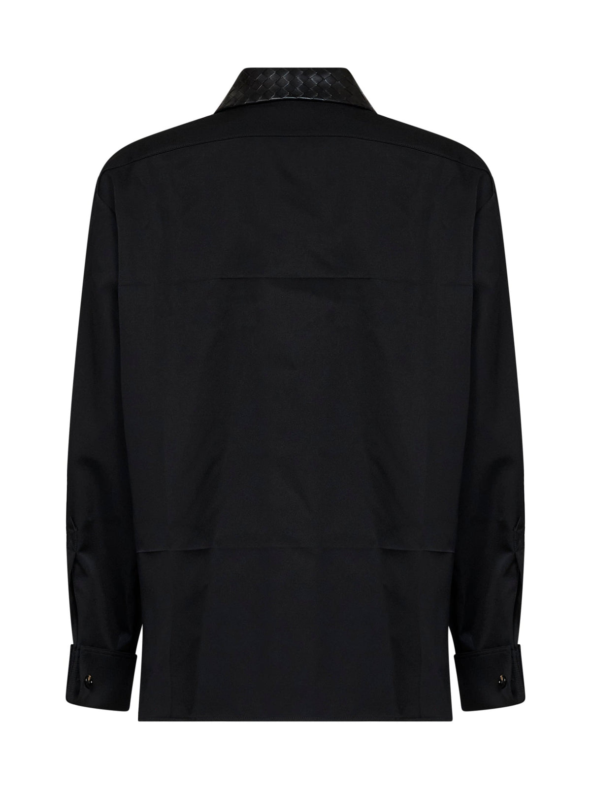 Bottega Veneta Women Black Wool Shirt With Intrecciato Leather Collar