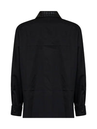 Bottega Veneta Women Black Wool Shirt With Intrecciato Leather Collar
