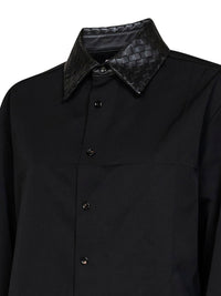 Bottega Veneta Women Black Wool Shirt With Intrecciato Leather Collar