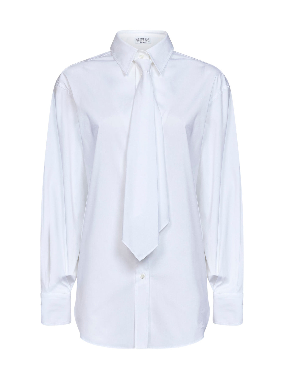 Brunello Cucinelli Women White Stretch Poplin Shirt With Tie And Monili