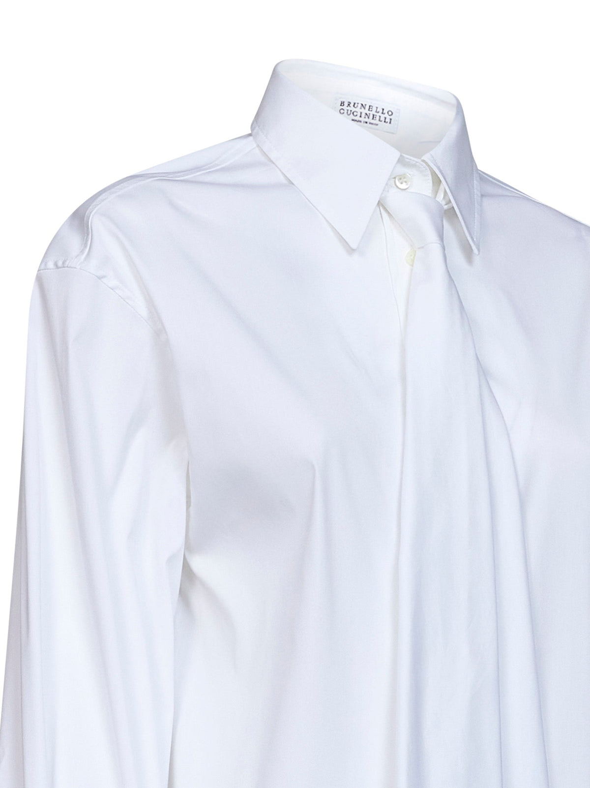 Brunello Cucinelli Women White Stretch Poplin Shirt With Tie And Monili