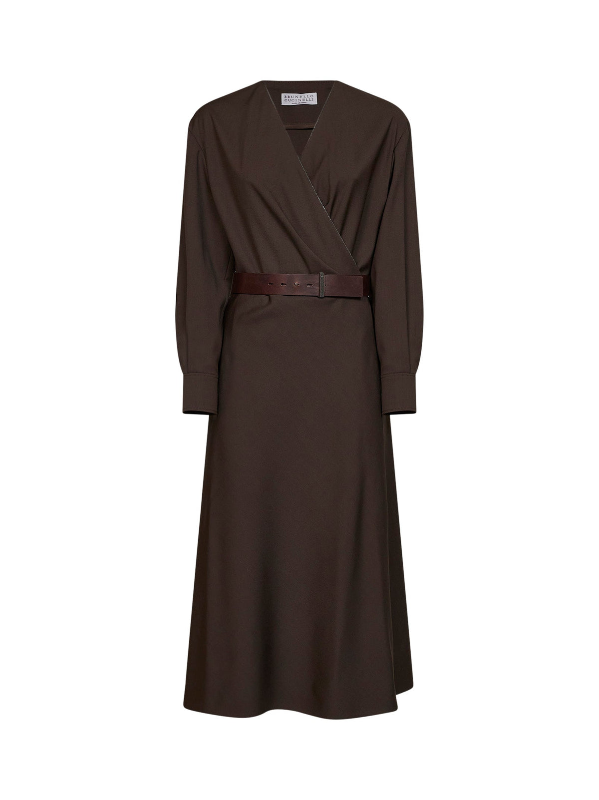Brunello Cucinelli Women Dark Chocolate Stretch Canvas Belted Midi Dress