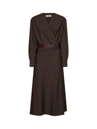 Brunello Cucinelli Women Dark Chocolate Stretch Canvas Belted Midi Dress