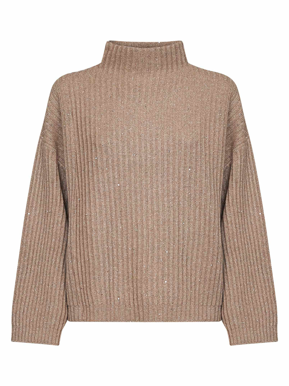 Brunello Cucinelli Women Light Brown Ribbed Cashmere And Wool Knit Sparkling & Dazzling Sweater