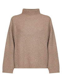 Brunello Cucinelli Women Light Brown Ribbed Cashmere And Wool Knit Sparkling & Dazzling Sweater