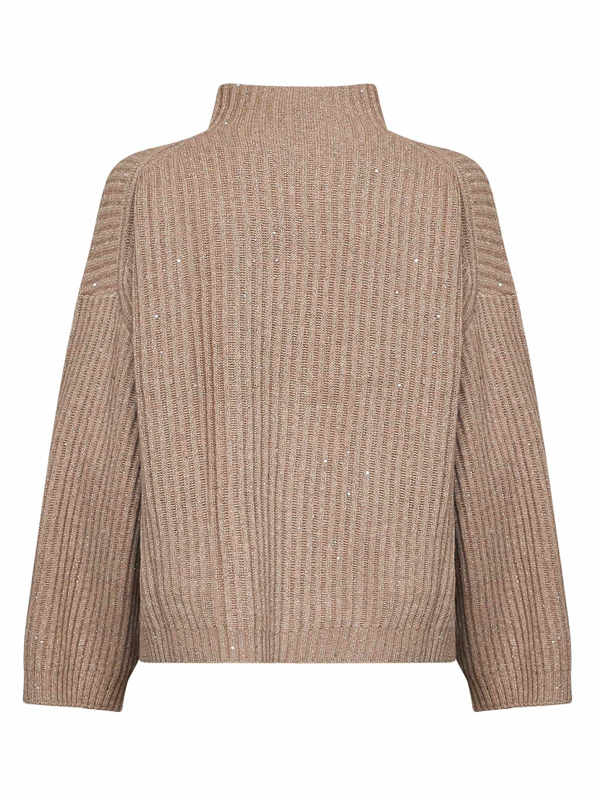 Brunello Cucinelli Women Light Brown Ribbed Cashmere And Wool Knit Sparkling & Dazzling Sweater