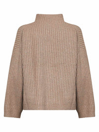 Brunello Cucinelli Women Light Brown Ribbed Cashmere And Wool Knit Sparkling & Dazzling Sweater