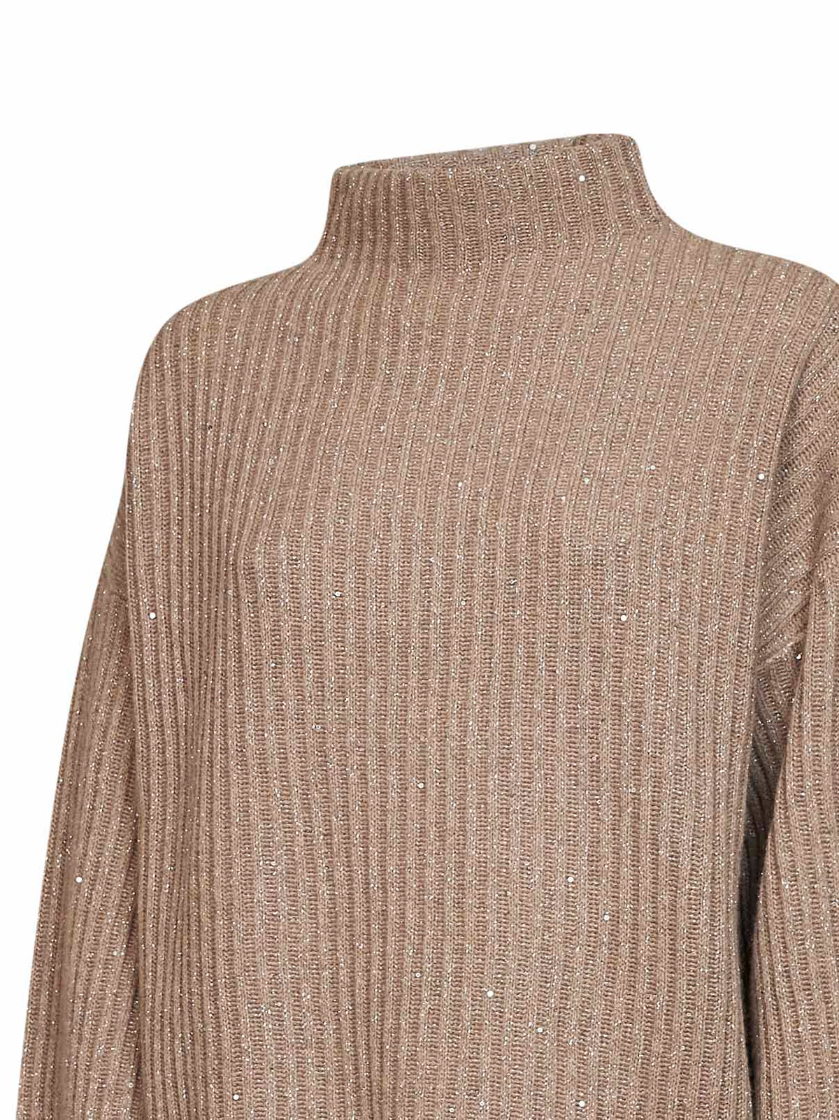Brunello Cucinelli Women Light Brown Ribbed Cashmere And Wool Knit Sparkling & Dazzling Sweater