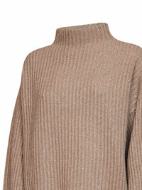 Brunello Cucinelli Women Light Brown Ribbed Cashmere And Wool Knit Sparkling & Dazzling Sweater