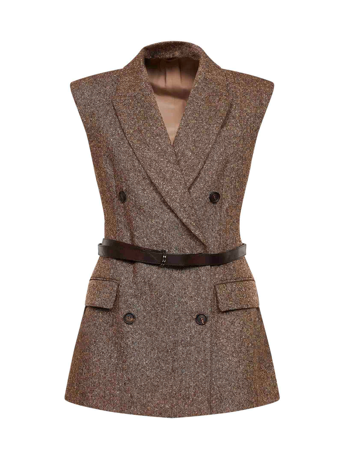 Brunello Cucinelli Women Brown Belted Wool Double-Breasted Waistcoat