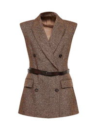 Brunello Cucinelli Women Brown Belted Wool Double-Breasted Waistcoat