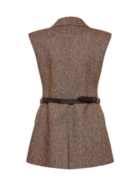 Brunello Cucinelli Women Brown Belted Wool Double-Breasted Waistcoat