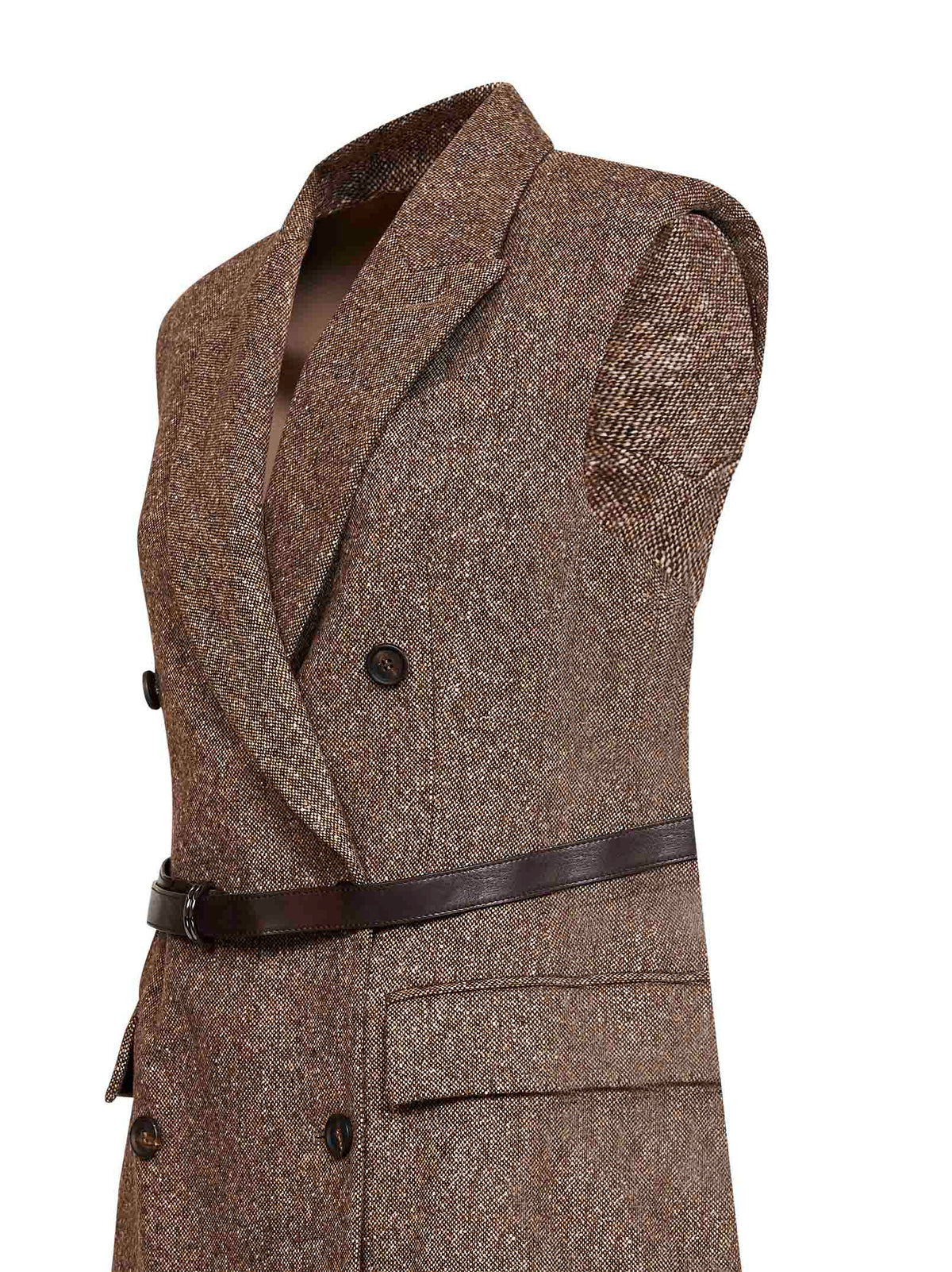 Brunello Cucinelli Women Brown Belted Wool Double-Breasted Waistcoat