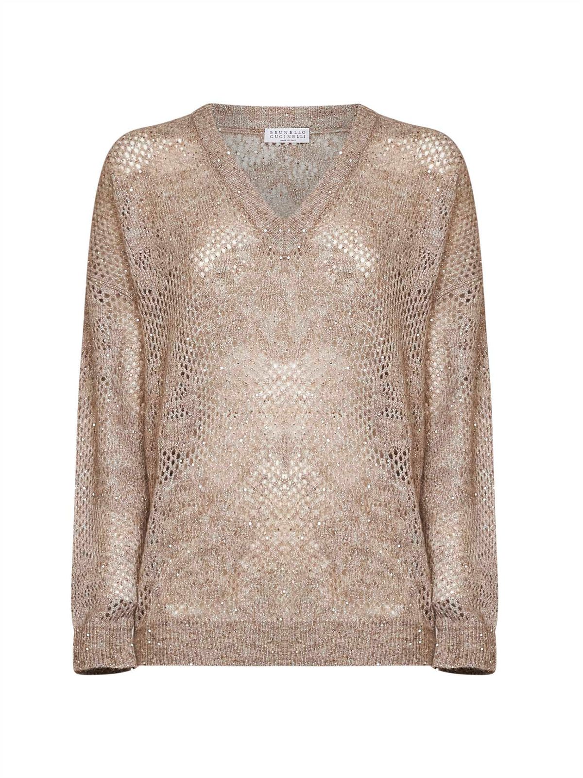 Brunello Cucinelli Women Beige Sparkling Mohair Blend Flower Lace Sweater